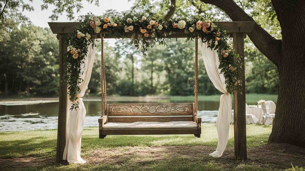 Wooden swing for photos Wooden wedding swing draped with flowing white fabric and lush greenery, topped with peach and blush roses, set under a tree by a peaceful lakeside for romantic photo moments