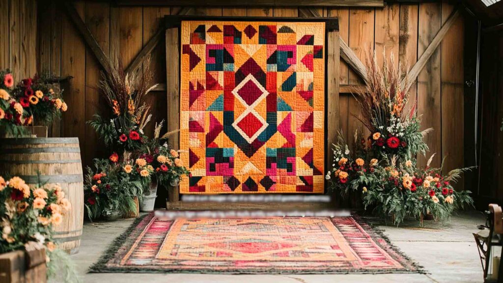 barn quilts Lush hanging floral chandelier with cascading pink, peach, and cream roses, peonies, and greenery suspended in a rustic barn with warm string lights in the background.
