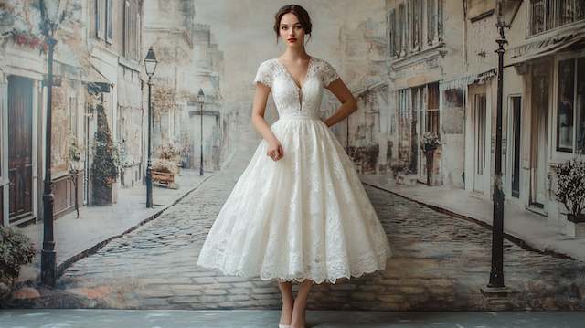 1950s inspired Tea length lace wedding dress with cap sleeves and a fitted bodice, bride standing on a cobblestone Parisian street backdrop for a timeless vintage bridal look