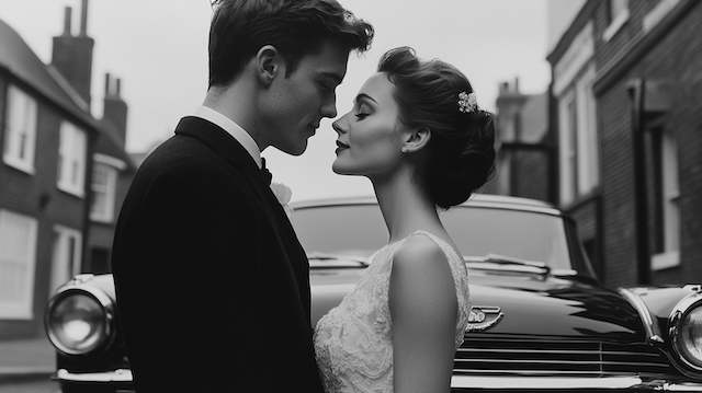 Romantic black and white wedding portrait of a bride and groom leaning in for a kiss in front of a classic vintage car on a charming old-town street, capturing timeless elegance and retro charm