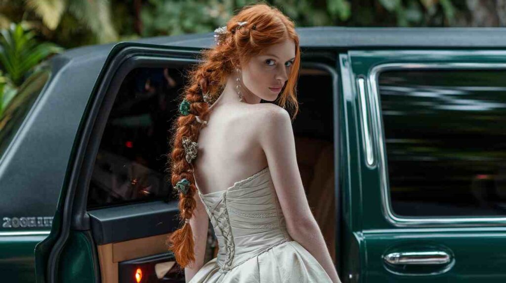 Bohemian Fishtail Braid Bride in strapless lace gown with long bohemian fishtail braid adorned with florals stepping from a green car in a garden.