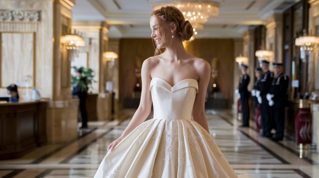 Braided Bun with Tendrils Bridal hairstyle featuring a braided bun with soft tendrils framing the face, perfect for a romantic and delicate look. The bride is wearing a strapless wedding gown with a voluminous skirt, captured in an elegant indoor setting