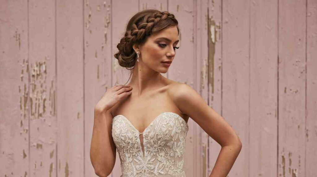 Braided Crown Bride in strapless lace gown with braided crown updo and soft tendrils, posing against a rustic pink wood backdrop for a romantic look.