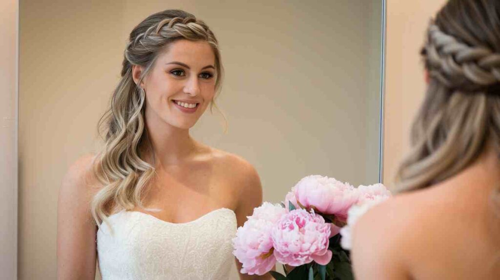 Braided Half-Up, Half-Down Bride wearing a strapless wedding dress with a Braided Half Up Half Down hairstyle, loose waves, and soft face framing tendrils for a romantic fairytale look