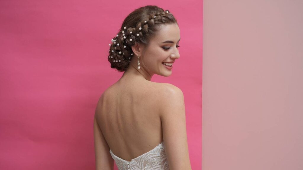 Braided Updo with Pearls Bride in strapless lace gown wearing a Braided Updo with Pearls, smiling over her shoulder against pink backdrop, elegant open back.
