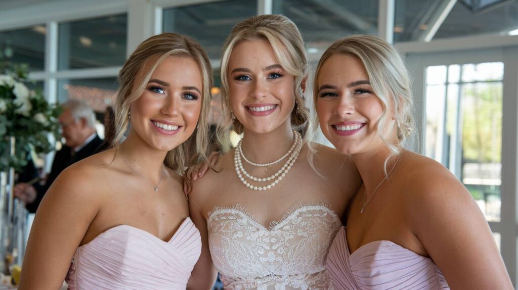 Bridal Hairstyles for Strapless Dresses Bride in lace strapless gown with layered pearls and soft updo, flanked by bridesmaids in blush strapless dresses with loose updos, smiling indoors.
