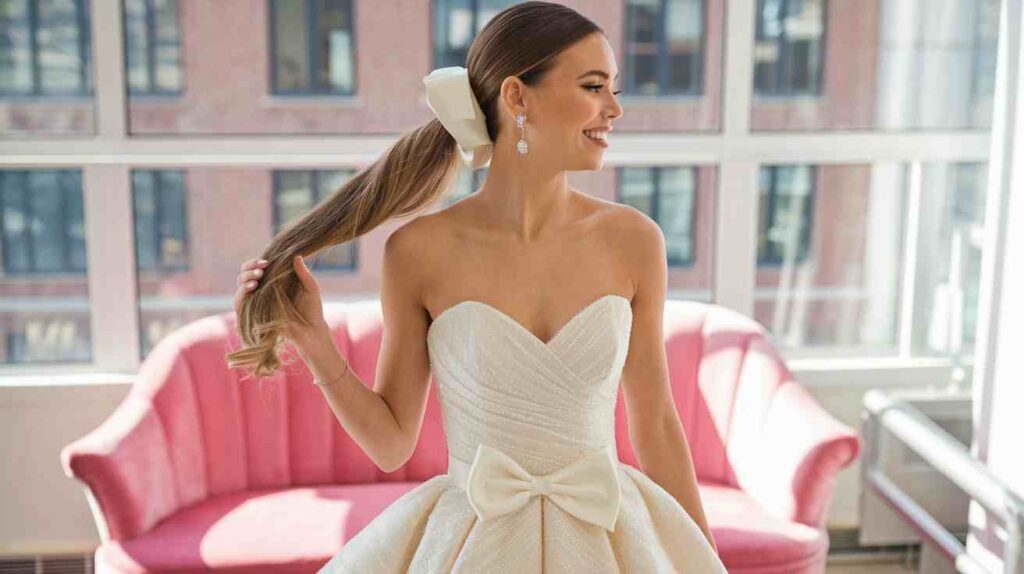 Chic Low Ponytail with Ribbon Bride in a strapless textured gown with sleek low ponytail tied in a large satin bow, smiling in a bright loft near pink sofa