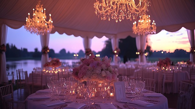 Elegant tented wedding reception at sunset with sparkling crystal chandeliers, blush floral centerpieces, candlelit tables, and soft pink twilight reflecting over a lakeside view.