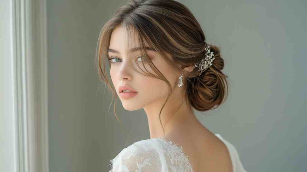 Classic Low Chignon Bride with low chignon, face framing tendrils, hairpiece and drop earrings, lace gown, looking over shoulder in window light.