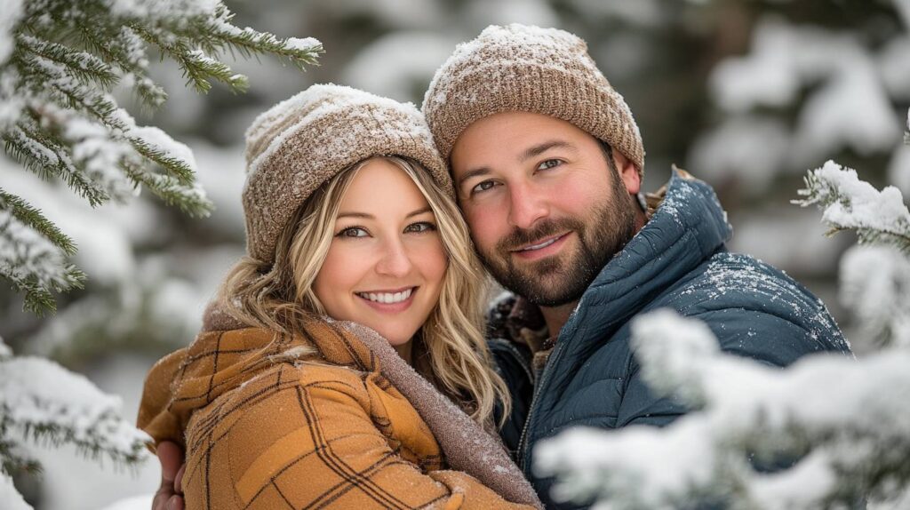 Couple doing engagement Photo with Pine Tree Frame Engaged couple in tan knit beanies cuddle between snow dusted pine branches, she in caramel plaid coat, he in blue puffer, soft winter light.