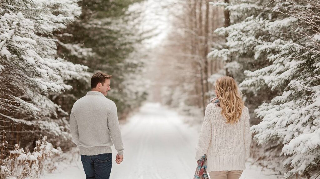 Couple walking in Snow-Covered Forest Couple walking in Snow-Covered Forest