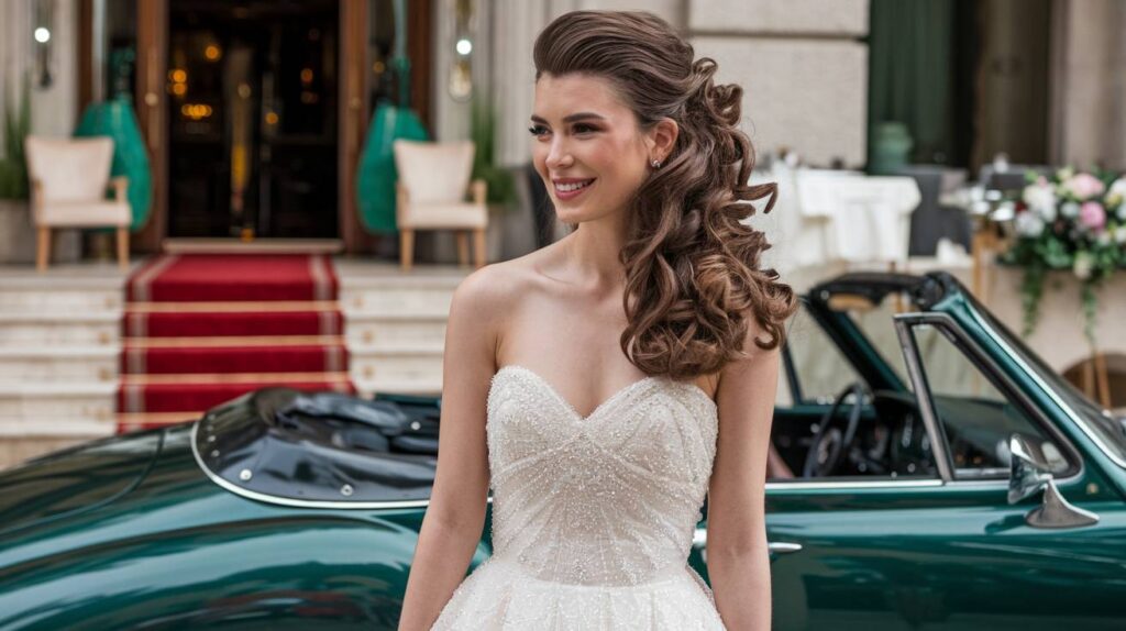 Curly Half-Up with Volume Curly Half Up with Volume on a brunette bride in a strapless beaded gown, lifted crown, cascading side curls, elegant venue and classic convertible backdrop