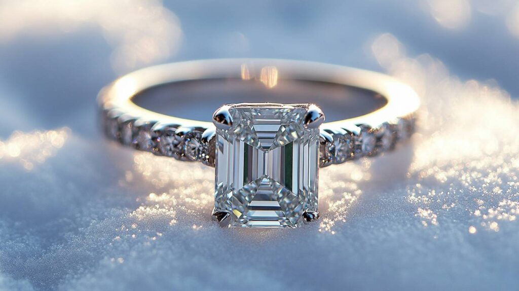 Engagement Ring Snow Shot Emerald cut diamond engagement ring with prong setting and pave band sparkling on fresh snow in soft winter light close up.
