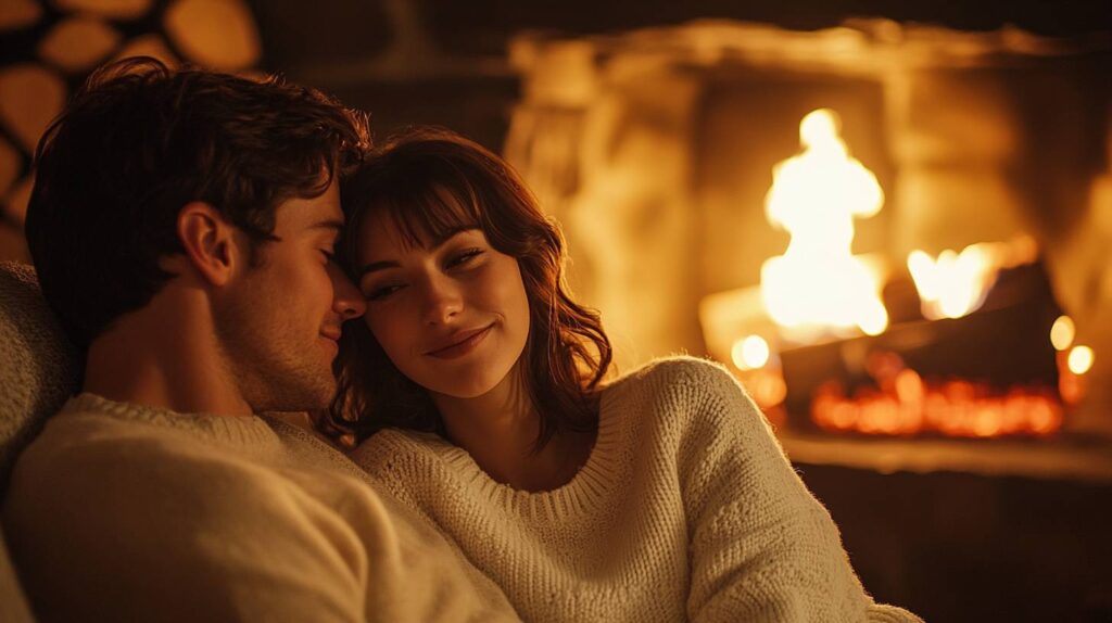 Engaged couple cuddle by a glowing fireplace in cozy cream sweaters, heads touching, warm firelight and soft bokeh creating intimate winter vibes. Fireplace Snuggle