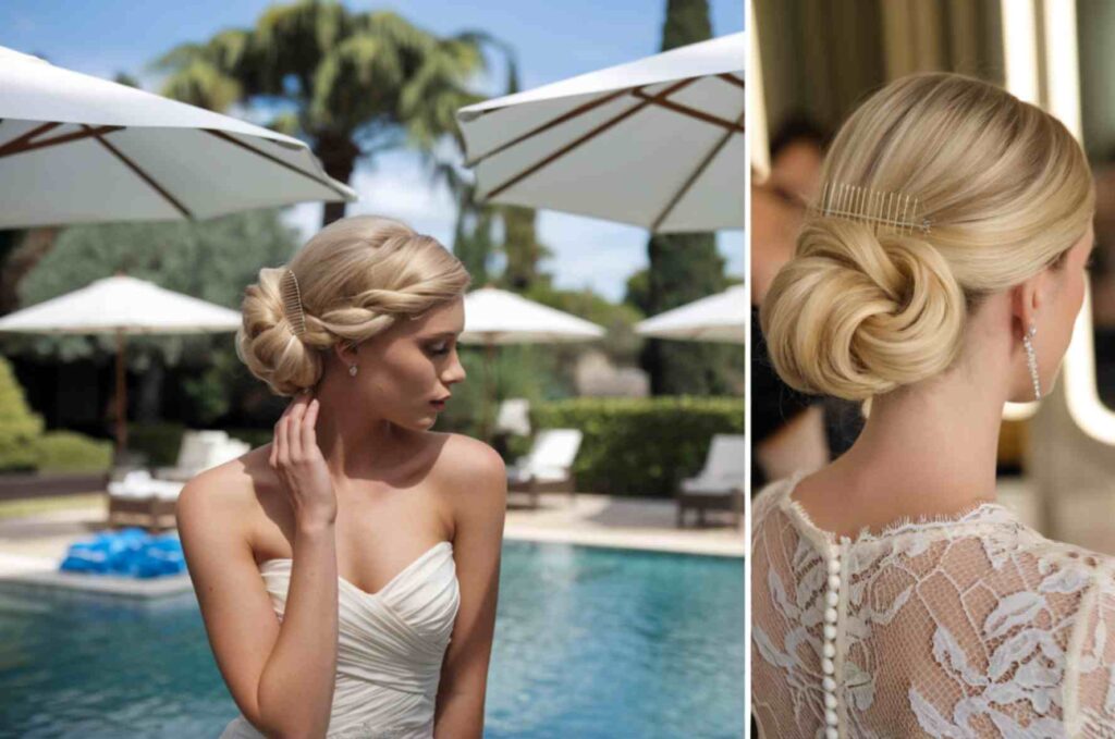 French Twist with Hair Comb Side by side bridal hairstyles: left bride by a pool with a braided crown into a low side chignon; right closeup of a sleek rolled chignon with a comb