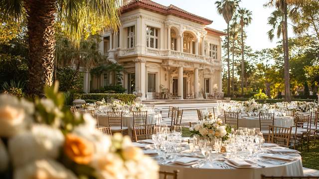 Elegant outdoor wedding reception at a grand historic mansion with marble columns, round tables dressed in white linens, gold chairs, and lush rose centerpieces under palm trees at golden hour.