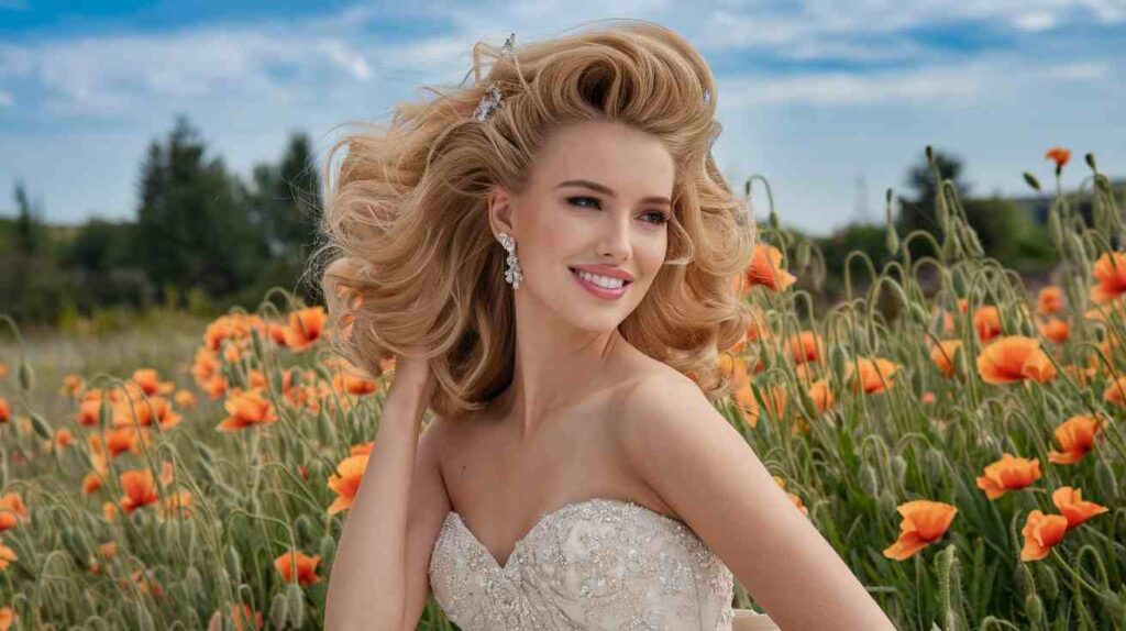 Glamorous Blowout Bride in a strapless beaded gown with voluminous glam blowout and crystal hair pins, smiling in a poppy field under a bright sky