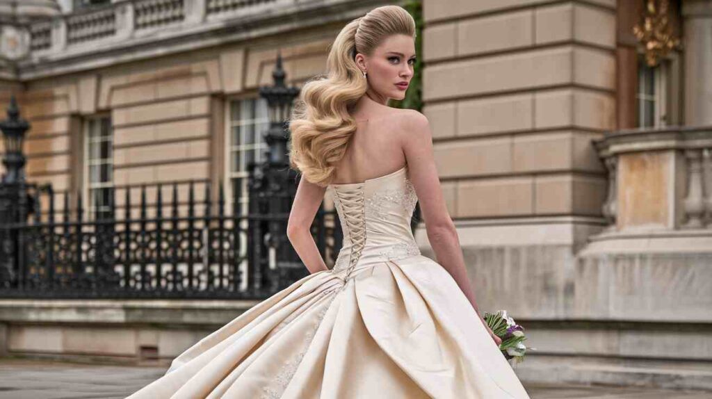 High Volume Half-Up Bride in a strapless champagne ballgown with dramatic half up Hollywood waves, looking over her shoulder outside a grand manor building