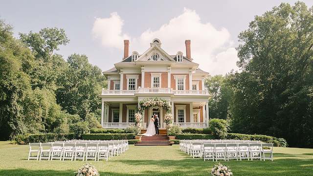 Outdoor wedding ceremony at a grand historic mansion with white chairs on the lawn, floral arch on the porch, and couple standing on the steps exchanging vows.