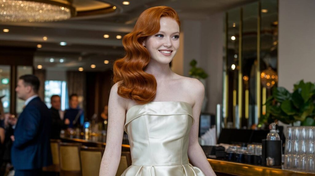 Hollywood Glam Waves Hollywood Glam Waves on a red haired bride in a strapless satin gown at a chic reception bar with side swept glossy curls soft glam lighting and a confident smile.