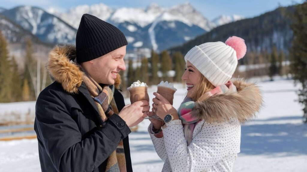 Couple doing hot cocoa toast Smiling couple in beanies and fur trimmed parkas toast hot cocoa with whipped cream before snowy mountains and pines on a clear winter day
