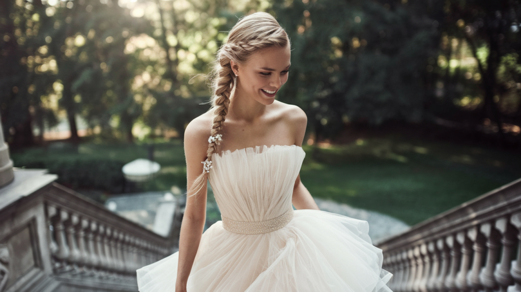 Long Side Braid with Beaded Detail Long Side Braid with Beaded Detail on a bride in a strapless tulle gown, walking down stone steps with a soft side part and garden backdrop.