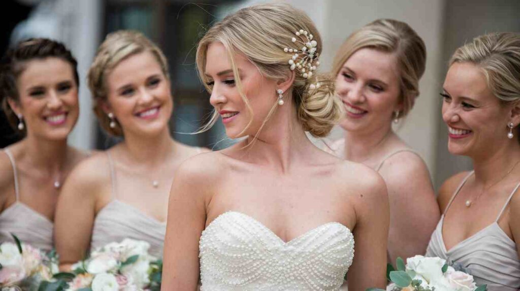 Loose Half-Up with Pearl Pins Bride in strapless beaded gown with low side bun and pearl hairpin, face framing tendrils, surrounded by smiling bridesmaids.