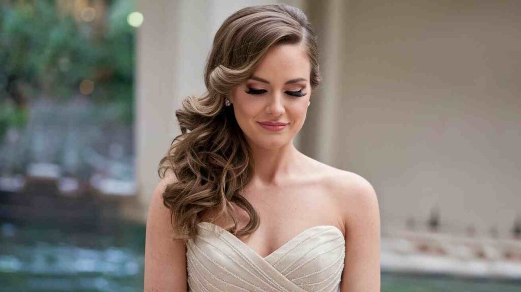 Loose Romantic Waves Bride in strapless sweetheart gown with Loose Romantic Waves swept to one side, cascading curls over shoulder, soft glam makeup, serene outdoor backdrop.