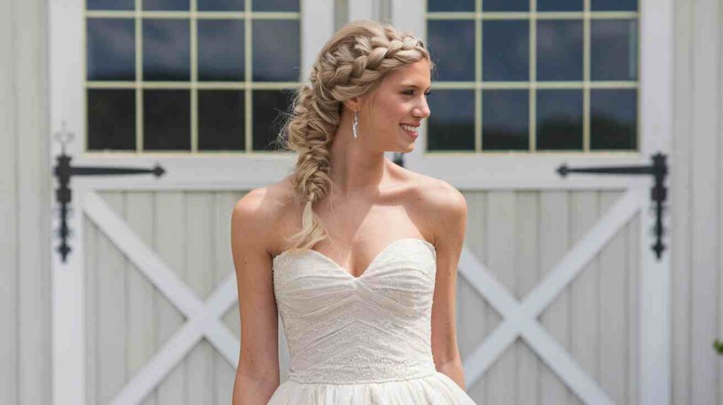 Loose Waterfall Braid Bride in a strapless gown with a Loose Waterfall Braid, voluminous side braid detail and soft face framing waves, standing in front of white barn doors