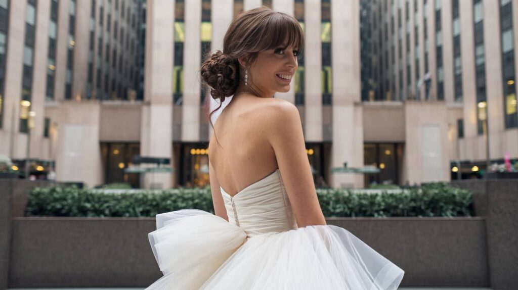 Low, Loose Chignon with Fringe Bride in strapless ballgown wearing Low, Loose Chignon with Fringe, soft bangs and textured bun, city backdrop and oversized tulle bow.