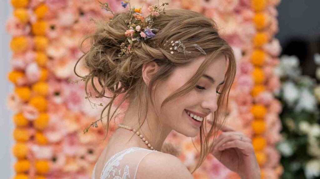 Messy Bun with Floral Pins Bride in a strapless wedding dress wearing a messy bun with delicate floral pins, soft tendrils, romantic garden ready look
