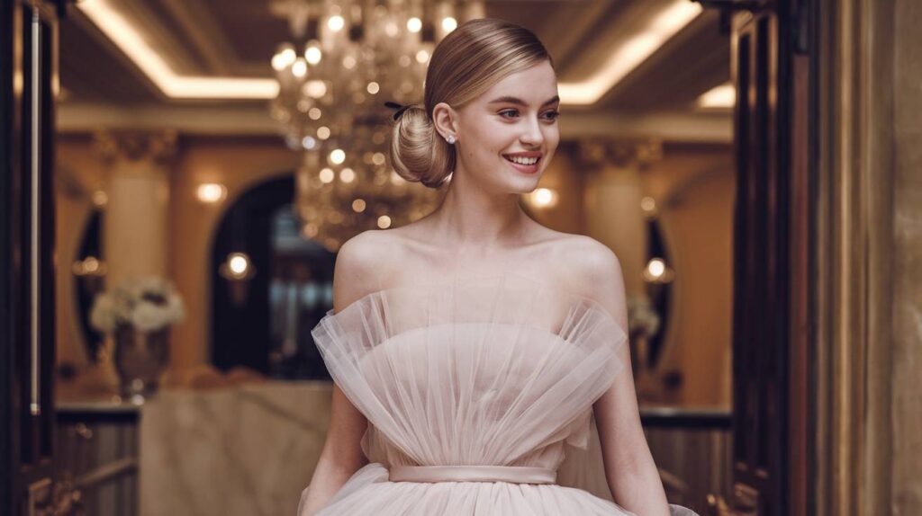 Modern Sleek Bun with Side Part Modern Sleek Bun with Side Part on a bride in a strapless tulle gown, ribbon tied low bun, smiling in an elegant hall with glowing chandeliers.