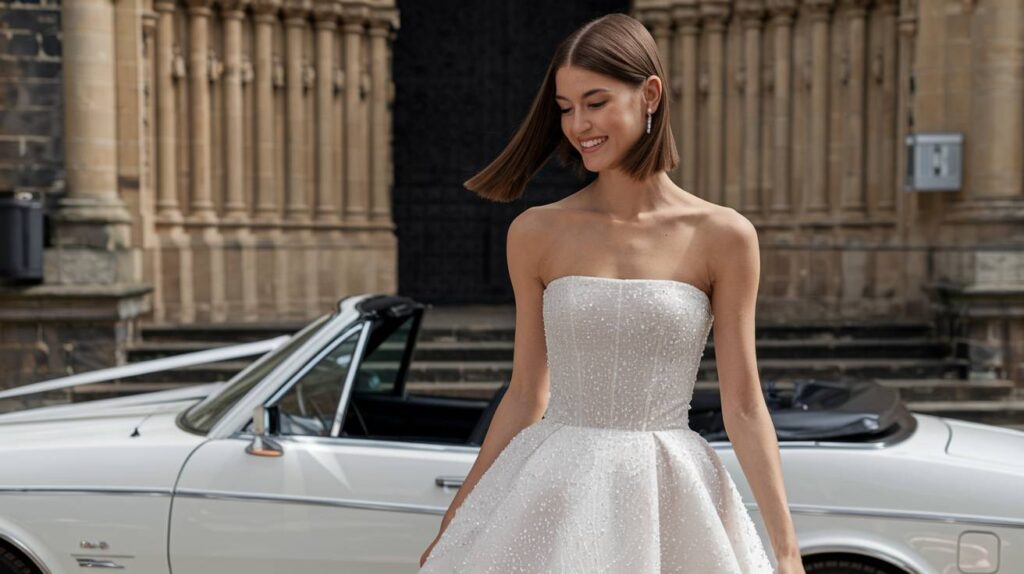 Pin-Straight with Middle Part Sleek shoulder length blunt bob with middle part on a bride in a strapless pearl embellished gown, smooth straight finish, elegant backdrop and white convertible nearby.