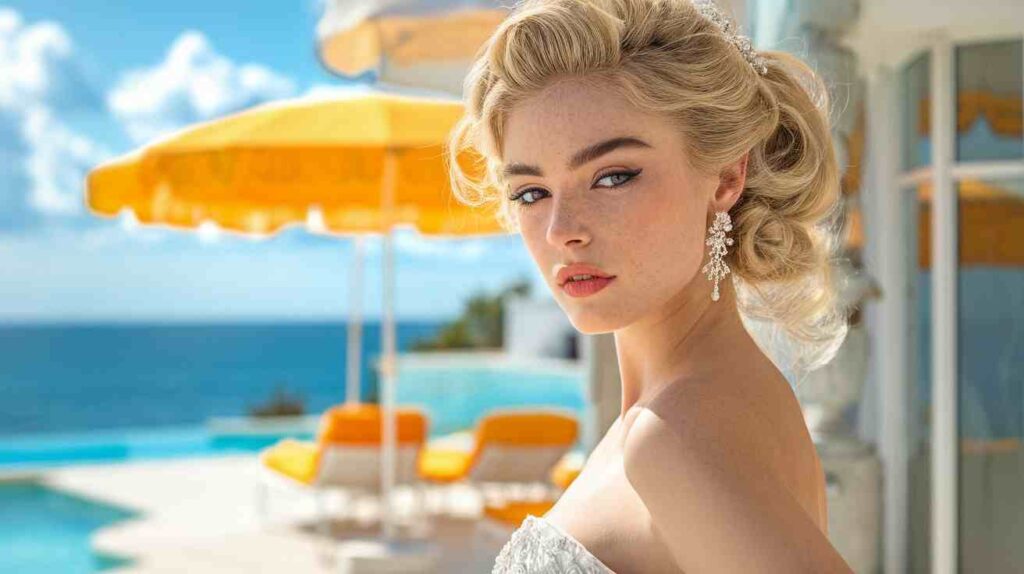 Pinned Curls Bride in strapless gown with voluminous vintage updo and soft waves, glam statement earrings, posing poolside with ocean backdrop and yellow umbrellas