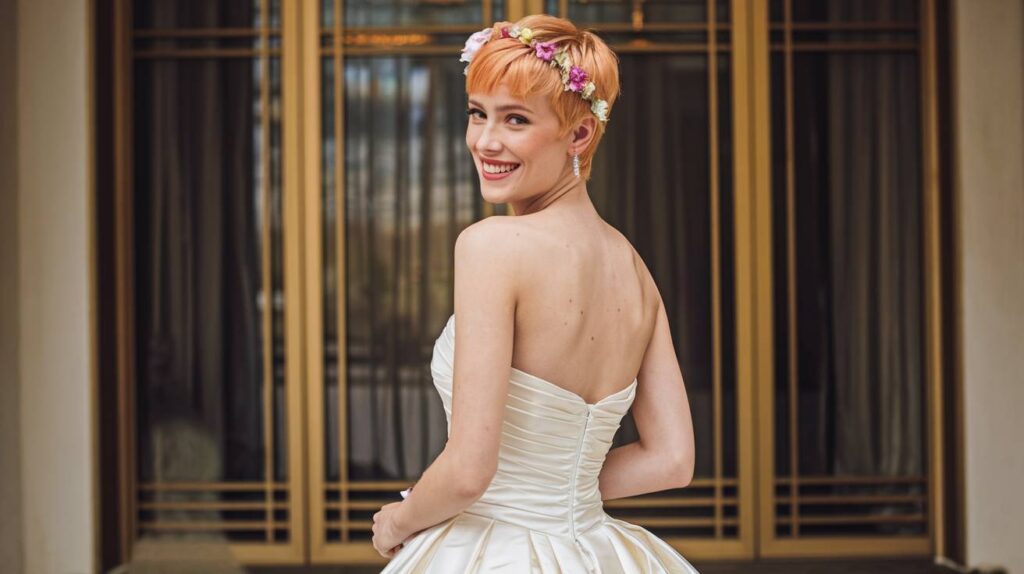 Pixie Cut with Flower Crown A bride with a short pixie cut, wearing a delicate flower crown and a strapless wedding gown, smiling back over her shoulder. The hairstyle is fresh and playful, perfect for brides looking to add a touch of personality to their look