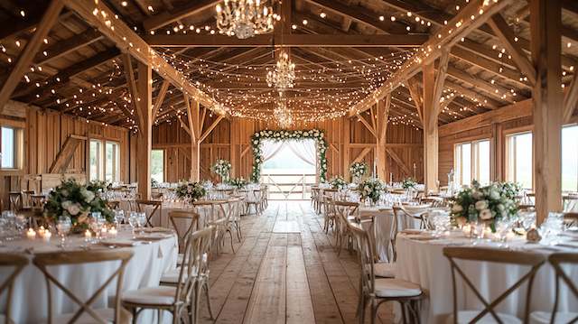 Barn wedding reception with wooden beams, twinkle lights, and chandeliers above round tables set with elegant florals and candles for a romantic rustic celebration.