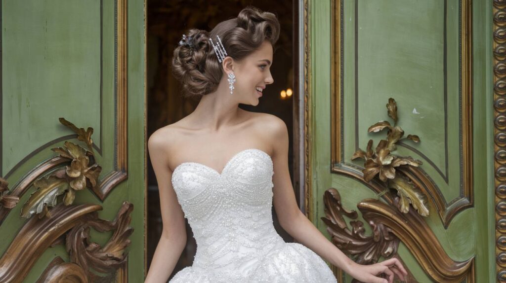 Sculpted Low Bun with Crystal Pins Vintage sculpted low bun with rolled waves and crystal pins, bride in strapless lace gown smiling by ornate green antique doors for an elegant bridal look.