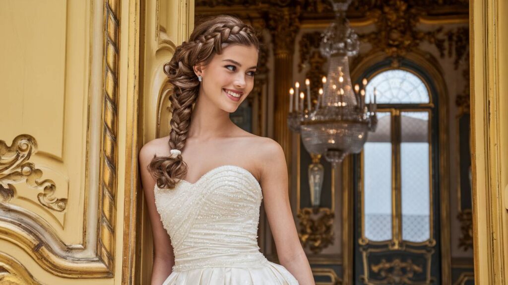 Side Braid Crown Bride in strapless beaded gown with a side braid crown flowing into an over the shoulder braid inside a gilded ballroom with chandelier.