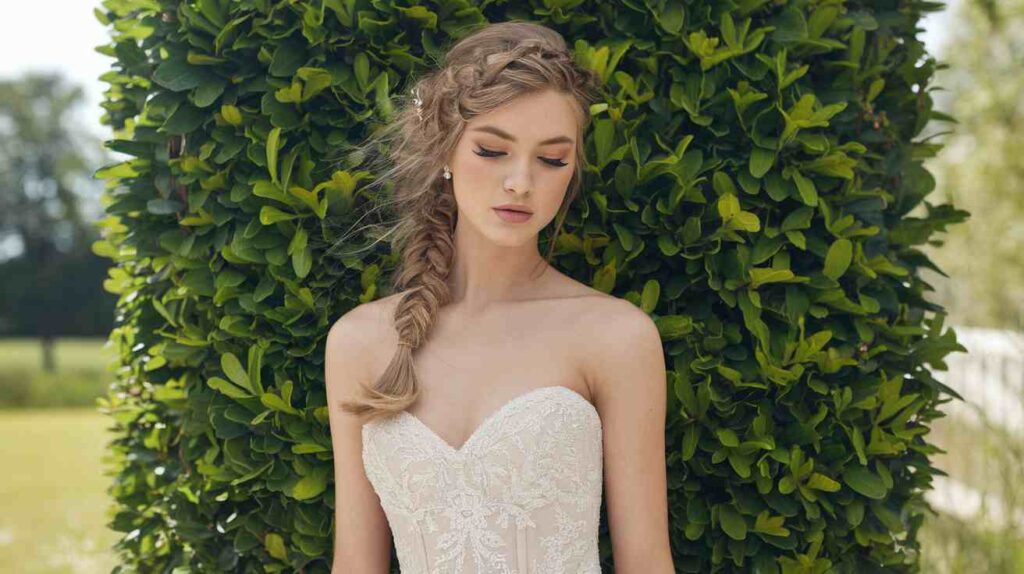 Side-Swept Braid Bride with a strapless lace gown and a loose side swept braid featuring soft face framing tendrils in a romantic outdoor garden bridal look