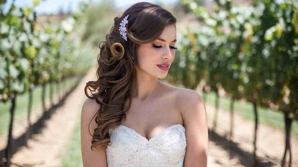 Side-Swept Waves with Sparkle Barrette Bride in a strapless lace gown with side swept Hollywood curls and a crystal hair comb, standing in sunny vineyard rows, eyes gently downcast