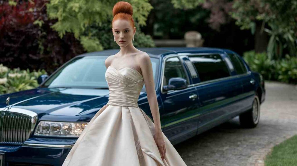 Sleek High Bun Red haired bride in a strapless satin ballgown with a dramatic high top knot bun standing beside a blue stretch limousine on a garden driveway