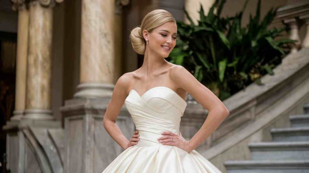 Sleek Side Part Bun Bride wearing a strapless wedding dress with a Sleek Side Part Bun, polished low updo, smooth finish, and elegant minimalist bridal style highlighting neckline