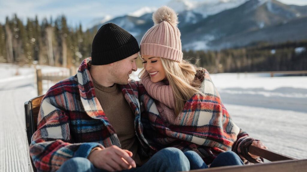 Engaged couple snuggle under a plaid blanket on a winter sleigh ride, she in a blush pom beanie, he in black, snowy mountains behind.Couple in Sleigh Ride Romance Couple in Sleigh Ride Romance