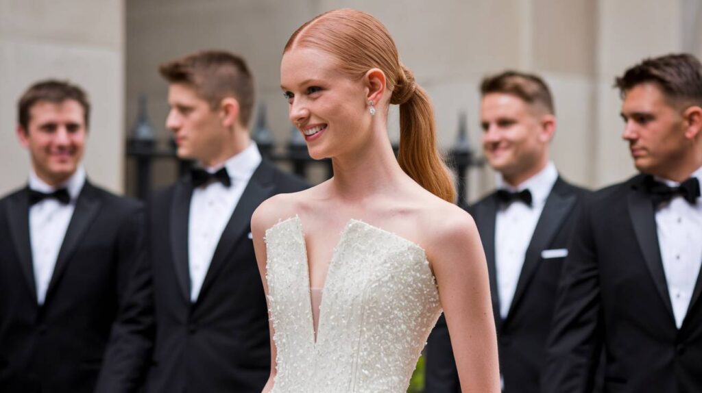 Slicked-Back Low Ponytail Bride with a sleeked-back low ponytail, showcasing a high-fashion feel that highlights her neckline and shoulders. Her modern and clean bridal style perfectly complements her strapless wedding dress