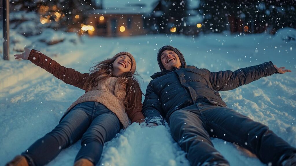 Engaged couple lying in fresh snow making snow angels, laughing with arms outstretched as soft flakes fall and warm cabin lights glow behind. Snow Angel Making