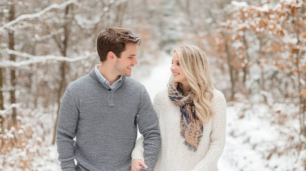 Newly Engaged Couple in Snow-Covered Forest Newly Engaged Couple in Snow-Covered Forest to inspire Winter Engagement Photo Ideas