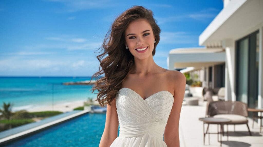 Soft Beach Waves Bride in strapless beaded gown with soft beach waves, smiling under a bright blue sky near the ocean at a destination wedding venue.