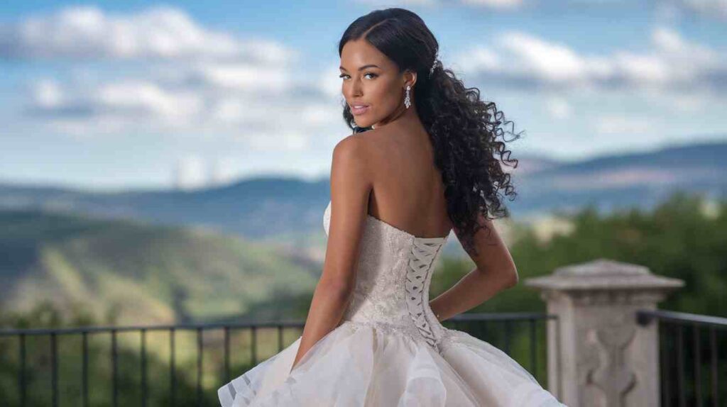Soft Ringlet Curls Bride in a strapless lace up ballgown glancing over her shoulder, long curls cascading and drop earrings, standing on a terrace with mountain views