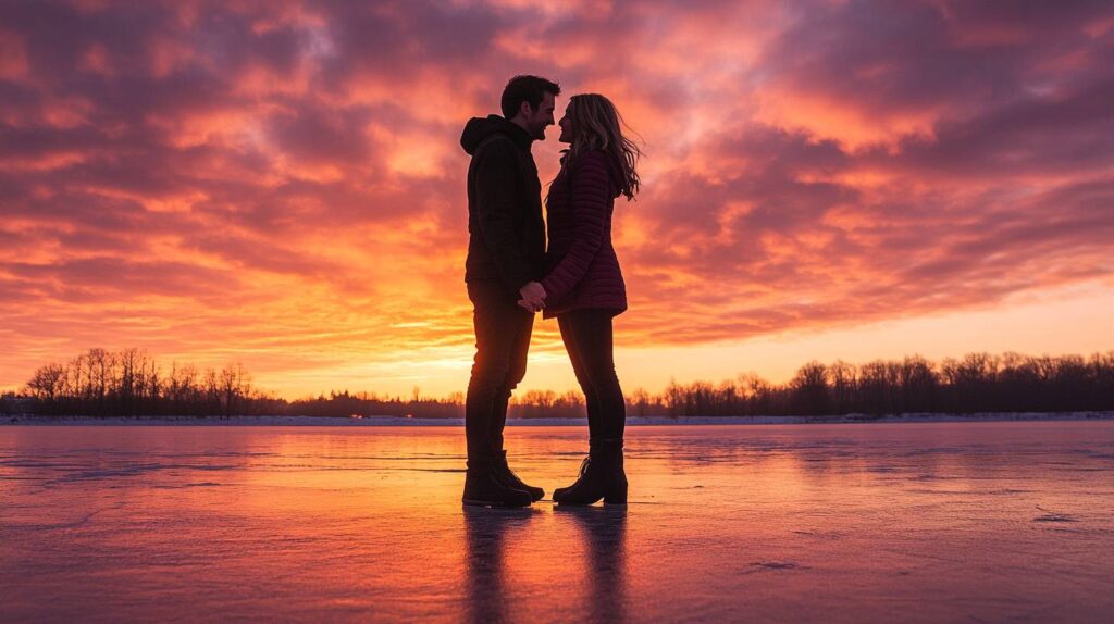 Silhouetted engaged couple hold hands on a frozen lake at sunset, vivid pink orange sky mirrored on ice with a winter treeline beyond. Sunset on a Frozen Lake