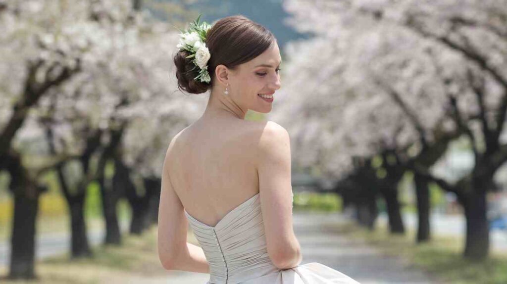 Textured Bun with Fresh Flowers Bride in strapless ivory gown with Textured Bun with Fresh Flowers, smiling over her shoulder on a cherry blossom lined path.